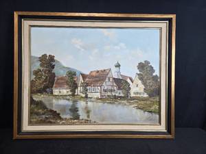 lot 103 image: Framed European Village Landscape Oil Painting on Canvas, Signed 37x29 in