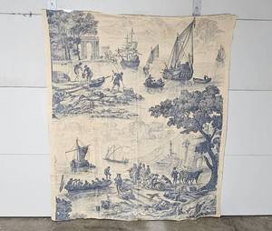 lot 109 image: Antique Large Toile Tapestry Panel with Nautical and Village Scenes, 75 x 64 Inches