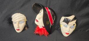 lot 114 image: Set of 3 Art Deco Style Ceramic Wall Masks with Embellishments