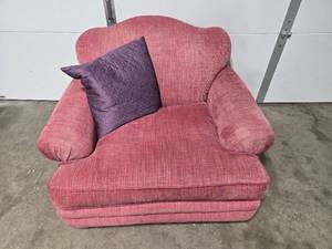 lot 123 image: Plum Colored Oversized Plush Armchair with Decorative Pillow