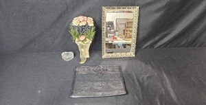 lot 144 image: Decorative Home Decor Lot with Framed Mirror, Faux Floral Arrangement, Heart Box, and Hanging Organizer