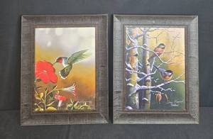 lot 160 image: Framed Bird Art Prints by Hinckley and Hansel with Silver Wall Clock