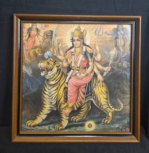 lot 161 image: Collection of 2 Framed Hindu Art Prints by T. Sardar and Shaoxing Figurine