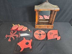 lot 161A image: Asian-Inspired Wall Mirror with Wooden Decorative Ornaments