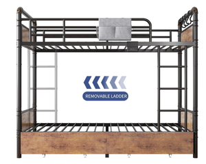 lot 59 image: Metal LED Bunk Bed Twin Over Twin with 2 Storage Drawers, USB Charging Station, Industrial Bunkbeds Heavy Duty Bed with Safety Guardrail and Ladder, No Box Spring Needed, Vintage Brown