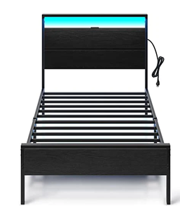lot 72 image: Rolanstar Bed Frame with Charging Station, Twin Bed with LED Lights Headboard, Metal Platform, Strong Metal Slats, 10.2 Under Bed Storage Clearance, No Box Spring Needed