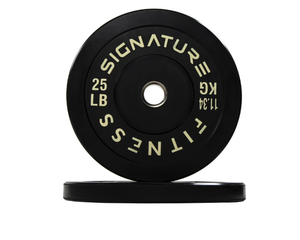 lot 81 image: Signature Fitness 2 Olympic Bumper Plate 25 lbs. Weight Plates with Steel Hub Set- 100% Virgin Rubber