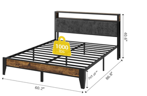 lot 106 image: OLEVS Queen Bed Frame Metal Platform Bed Queen Size with 2-Tier Storage & LED Light Headboard, Charging Station Type C, No Box Spring Needed
