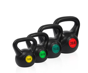 lot 341 image: BalanceFrom Wide Grip Kettlebell Exercise Fitness Weight Set, 4-Pieces 5lb, 10lb, 15lb and 20lb Kettlebells
