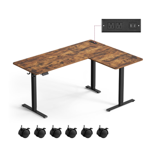 lot 342 image: L-Shaped Electric Standing Desk, Corner Desk with Power Outlets, Adjustable Height, Brown