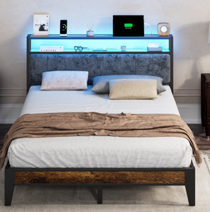lot 85 image: OLEVS Queen Bed Frame, Queen Size Platform Metal with Headboard & LED Light, Type C & USB Charging Station Adult