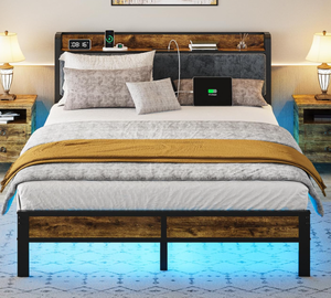 lot 86 image: Queen Bed Frame with Headboard, Metal Platform Bed with Smart LED Lights and USB Charging Station, Easy Assembly, No Box Spring Needed