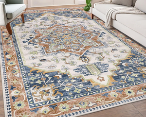 lot 213 image: Washable Area Rug 5x7, Non Slip Boho Rugs for Bedroom, Vintage Distressed Living Room Rug, Low Pile Indoor Floor Carpet Cover Throw Rug for Dining Room Kitchen Nursery