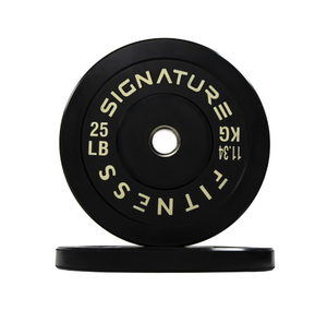 lot 232 image: Signature Fitness 2 Olympic Bumper Plate Weight Plates with Steel Hub in Pair 100% Virgin Rubber