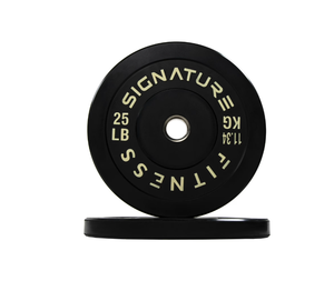 lot 236 image: LOT OF 2 Signature Fitness 2 Olympic Bumper Plate Weight Plates with Steel Hub in Pairs - 100% Virgin Rubber