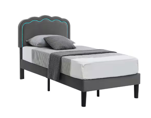 lot 27 image: Upholstered Bed Gray Metal Frame Twin Platform Bed with Adjustable Charging Station Headboard and LED Lights Bed Frame