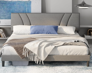 lot 54 image: Avenco Queen Bed Frame, Upholstered Platform Bed Frame with Adjustable Headboard, Wood Slat Support, Easy to Assemble,Box Spring no Needed, Light Grey