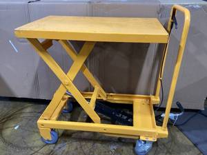 lot 340 image: 1100lbs Hydraulic Lift Table Cart. 34 Lifting Height, Manual Single Scissor Lift Table with 4 wheels and Non- Slip Pad, Hydraulic Scissor Cart for Material Handling, Yellow