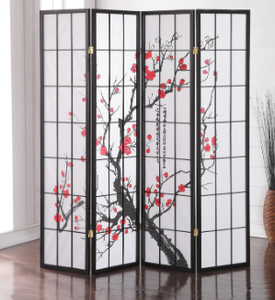 lot 119 image: Roundhill Furniture Japanese 4-Panel Screen Room Divider, Plum Blossom
