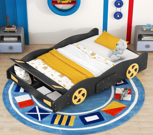lot 125 image: Full Size Race Car Bed Frame - Black & Yellow, Wood, with Storage & Wheels, Bedroom Furniture. Sturdy Platform Bed, Fun Design, No Box Spring Needed.