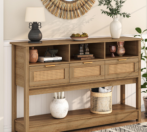lot 134 image: Knoworld Rattan Console Table, Entryway Table Sofa Table with Storage, Hallway Foyer Table Behind Couch Table, Wood Console Tables Open Storage Shelf for Living Room, Hallway