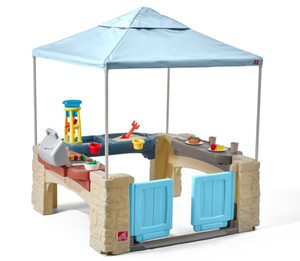 lot 439 image: Step2 All Around Playtime Patio with Canopy Playset  Shaded Outdoor Playhouse for Kids with Realistic, Interactive Features, Room for Multiple Toddlers to Play  Dimensions 60 H x 47.5 W x 47.5 D