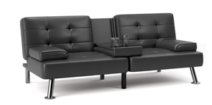 lot 443 image: Futon Sofa Bed Convertible Folding Faux Leather Couch with 2 Cup Holders,Black