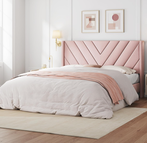 lot 448 image: Yaheetech Queen Bed Frame Upholstered Platform Bed with Wing SideWooden Slat SupportTufted Headboard with Wing SideMattress FoundationNo Box Spring Needed,Pink