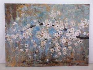lot 93 image: Large 45.5 W x 34 H Cherry Blossom Tree Oil on Canvas Painting 