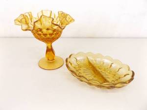 lot 86 image: Fenton Thumbprint Amber Ruffled Compote and Divided Candy Dish