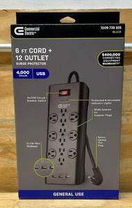lot 21 image: Commercial Electric 6 ft. 12-Outlet Black Surge Protector with USB