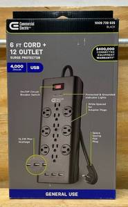 lot 22 image: Commercial Electric 6 ft. 12-Outlet Black Surge Protector with USB