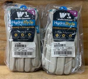lot 127 image: Womens Water-Resistant Leather Work Gloves, HydraHyde, Medium Wells Lamont 1167M lot of 2