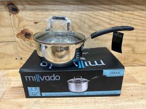 lot 163 image: Millvado Sauce Pan, Stainless Steel 1.7 Quart Sauce Pan with Clear Glass Lid and Permanent Measurement Markings, Small Boiling Pot, Induction, Gas Electric Compatible