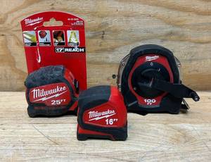 lot 170 image: MILWAUKEE Tape Measure lot of 3 16,25,100 ft. Store returns . Sold as is