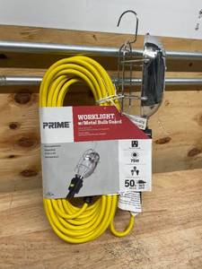 lot 195 image: Prime Wire & Cable TL010625 25 ft. 16 - 03 - 15 SJT Metal Guard Work Light Cord Yellow & Outlet (09252514.64)