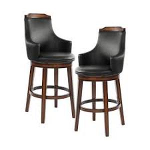 lot 15 image: Lazzara Toulon 28 in. Burnished Oak Finish Wood Swivel Pub Height Chair with Dark Brown Faux Leather Seat (Set of 2)  Customer Returns See Pictures