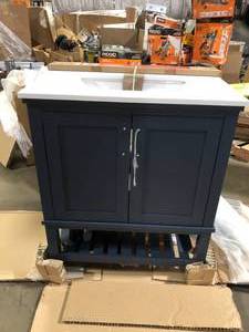 lot 1 image: Home Decorators Collection Tupelo 30 in. Single Sink Midnight Blue Bath Vanity with White Engineered Stone Top (Assembled) Damaged on Back Customer Returns See Pictures