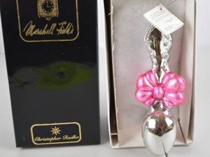 lot 32 image: Marshall Fields Christopher Radko Pink Bow Christmas Ornament in Box