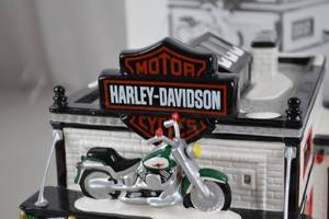 lot A-59 image: Dept 56 Snow Village Harley-Davidson Motorcycle Shop Handpainted Ceramic