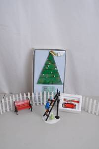 lot 78 image: Department 56 Holiday Village Accessories Brite Lites, Lamplighter, Bench, Sled & Fence