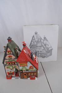 lot 120 image: Painted Ceramic Village Houses with Snow, 9 inch