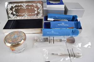 lot 139 image: Wallace Sterling Vanity Set and Anna Hutte Crystal Jar