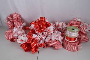 lot 153 image: Assorted Red and White Wired Ribbon Spools and Handmade Bows