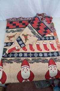 lot 164 image: Woven Christmas Throw Blanket with Santa, Stockings, and Reindeer