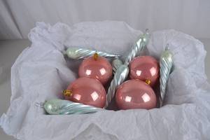 lot 180 image: Christmas Glass Ornament Lot Pink Balls & Silver Swirl Icicles