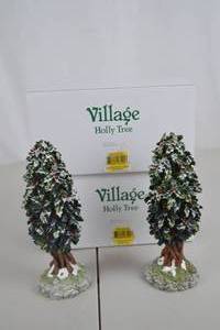 lot 187 image: Department 56 Village Holly Tree Figurine Pair with Boxes, 8 Inch