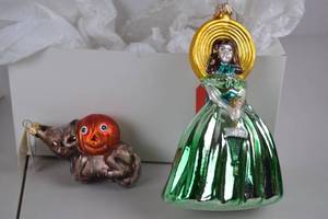lot 232 image: 2 Holiday Glass Ornaments Gone With The Wind Lady & Cat Pumpkin Christopher Radko