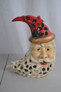 lot 387 image: Handcast Santa Christmas Candleholder, Hollow Ceramic, 11 Inches Tall