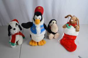 lot 388 image: Vintage Holiday Plush Lot - Santabear Penguin, 1985 Dakin Penguin, Bunny Stocking